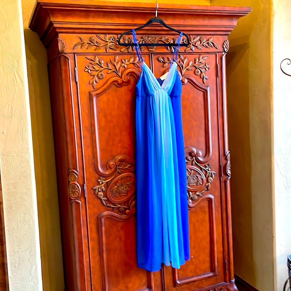 Long blue gown can be worn to bed or cover up
